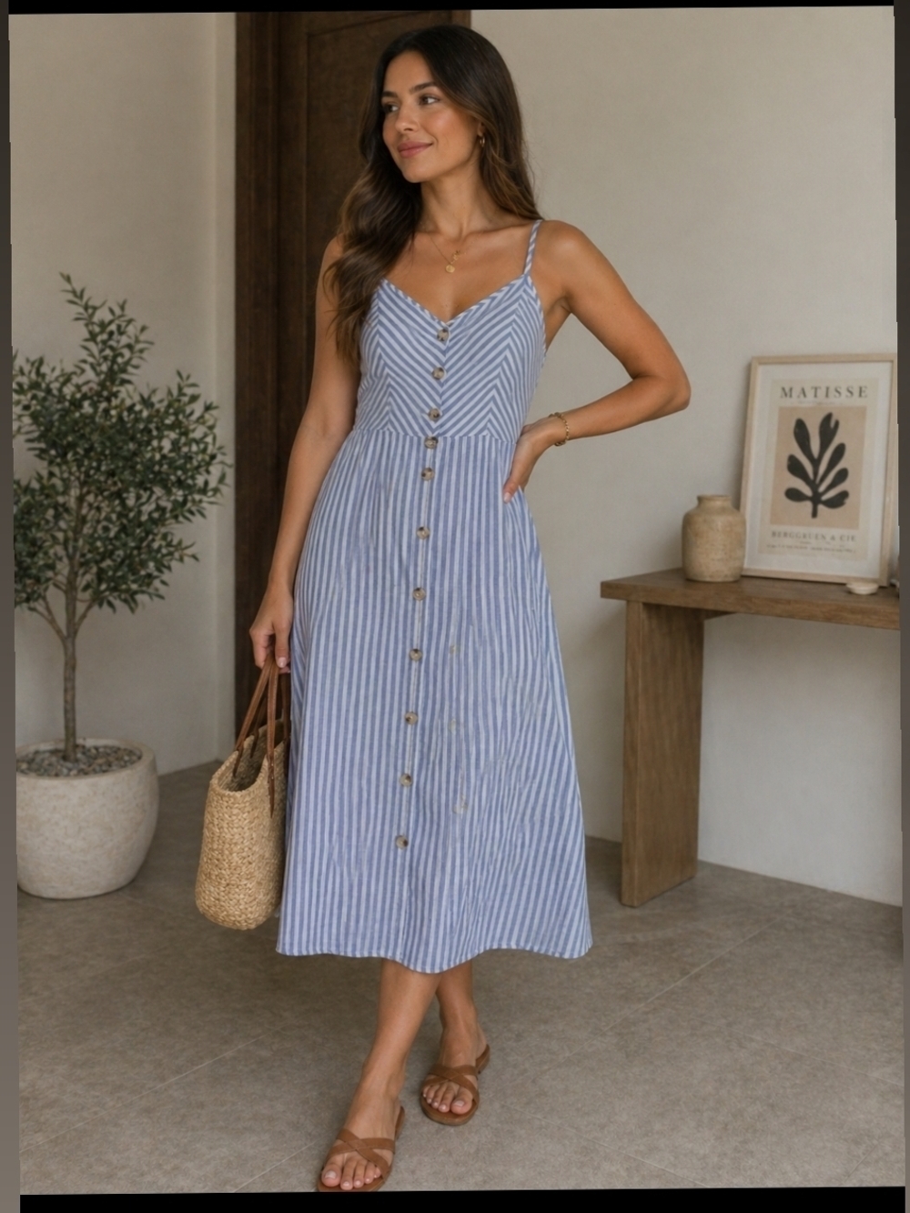 Striped Blue Button-Front Midi Dress